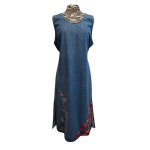 Vintage 90s Denim Maxi Dress Plus Size Cotton‎ Floral Embroidery Shift Retro 2X